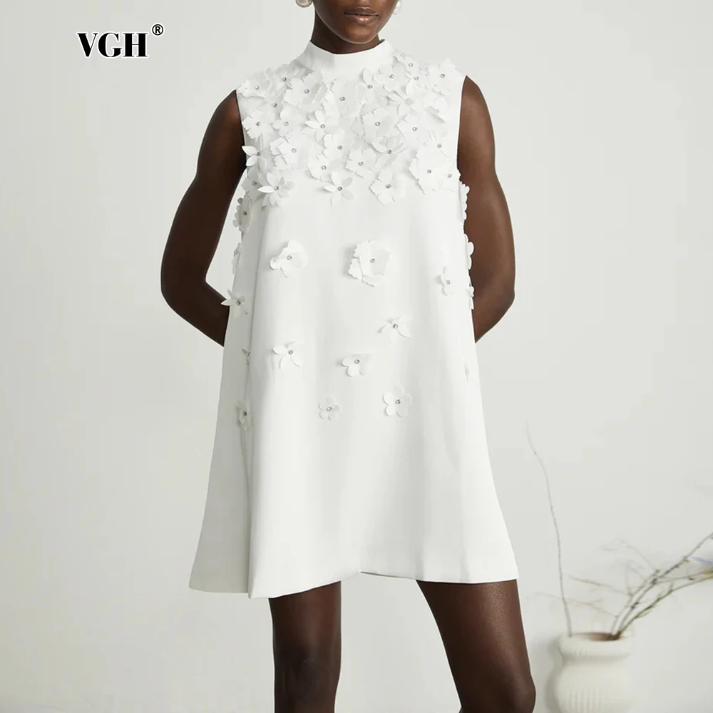 

VGH Spliced Appliques Loose Temperament Solid Dresses For Women Stand Collar Sleeveless High Waist Elegant Dress Female Fashion