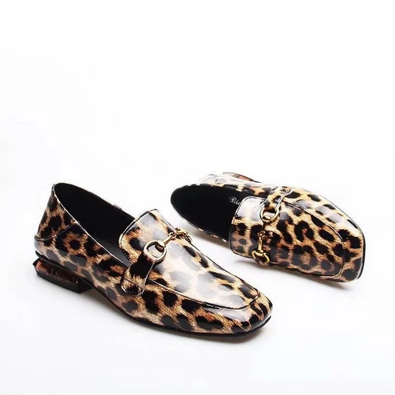 FHANCHU 2023 New Women Low Heels,Fashion Office Work Leopard Shoes,Slip On Loafers,Pointed Toe,British Style,Dropship