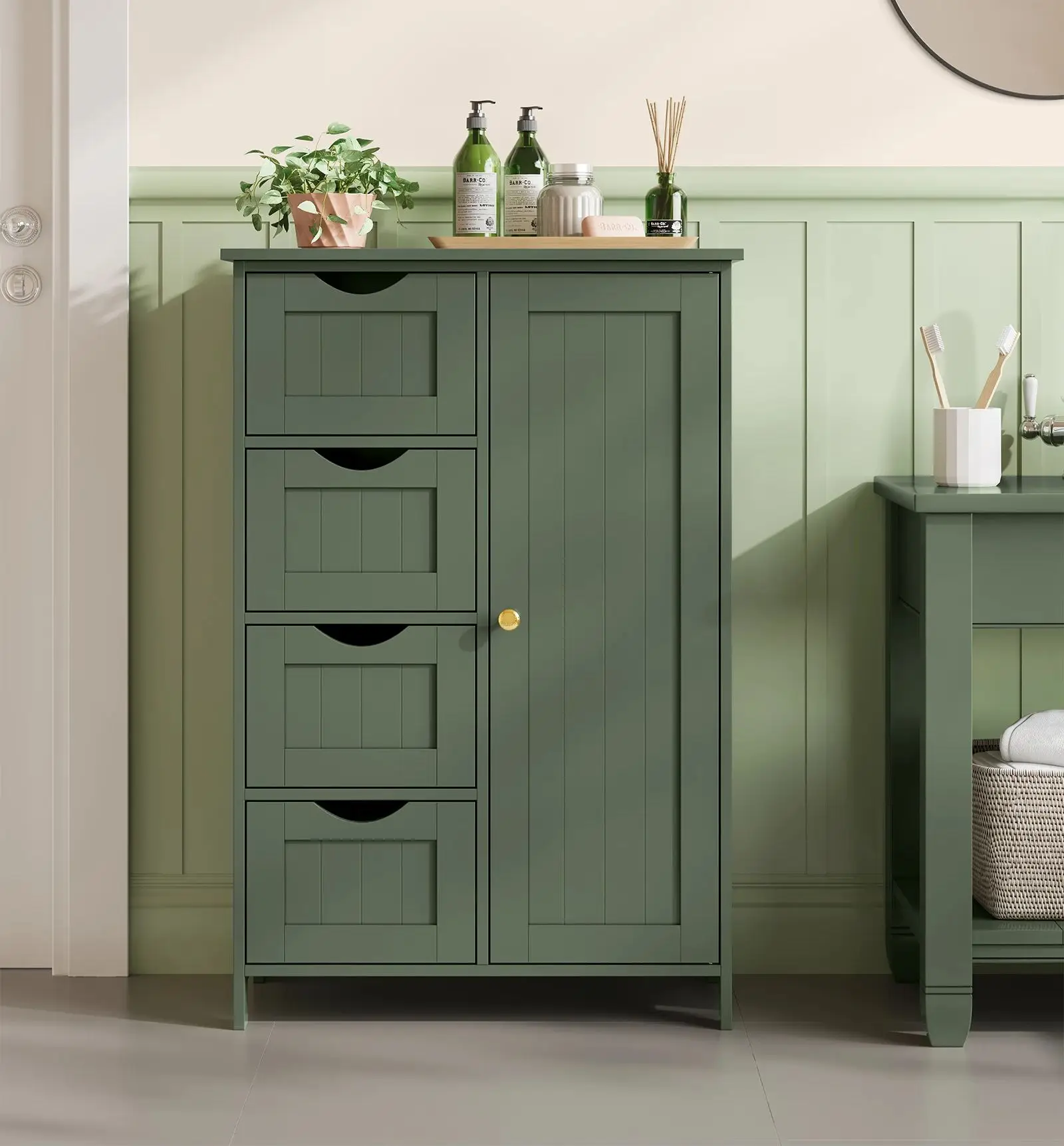 VASAGLE Badezimmerschrank, schmaler Badschrank, Beistellschrank, Kommode, mit 4 Schubladen, Schranktür, verstellbare Ablage