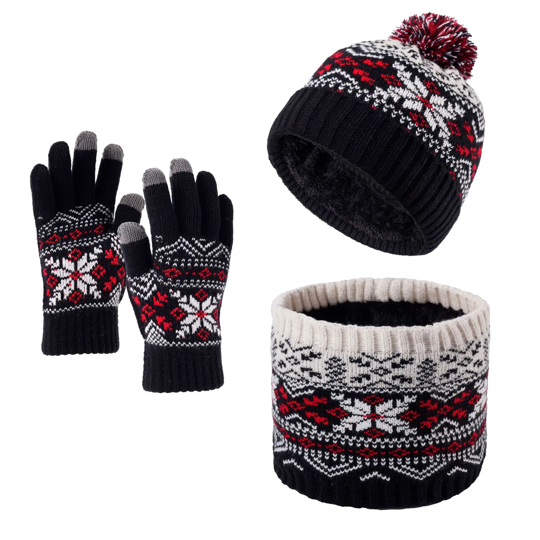 3pc3-12Y الأطفال قبعة محبوكة دافئة ووشاح وقفازات ندفة الثلج ثلاث قطع مجموعة للبنين والبنات مع الصوف