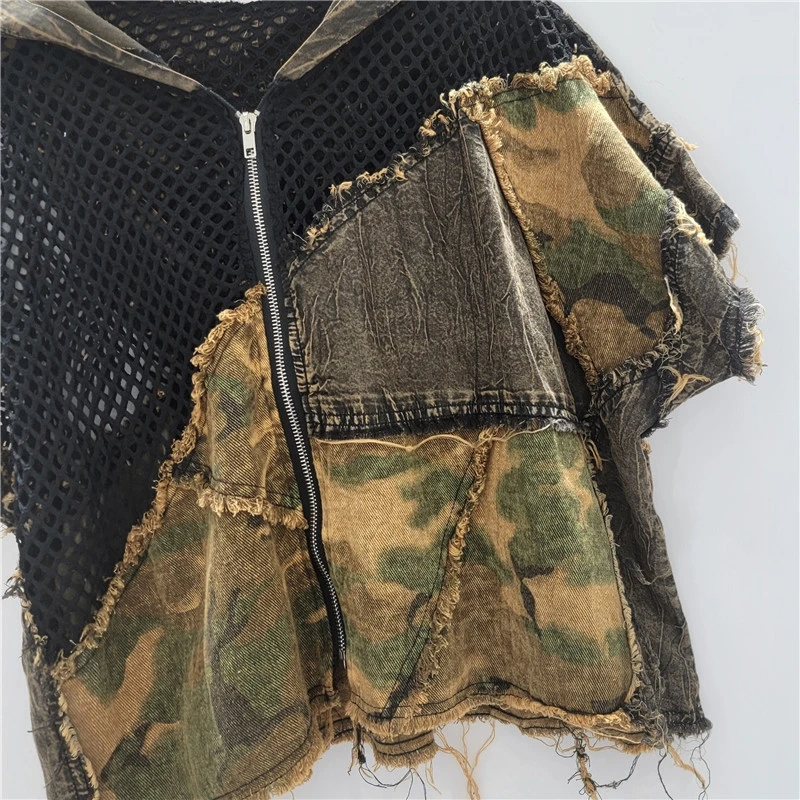 2025 été nouveau Design personnalisé Camouflage Denim épissage maille à capuche Cardigan à manches courtes veste femmes tendance hauts