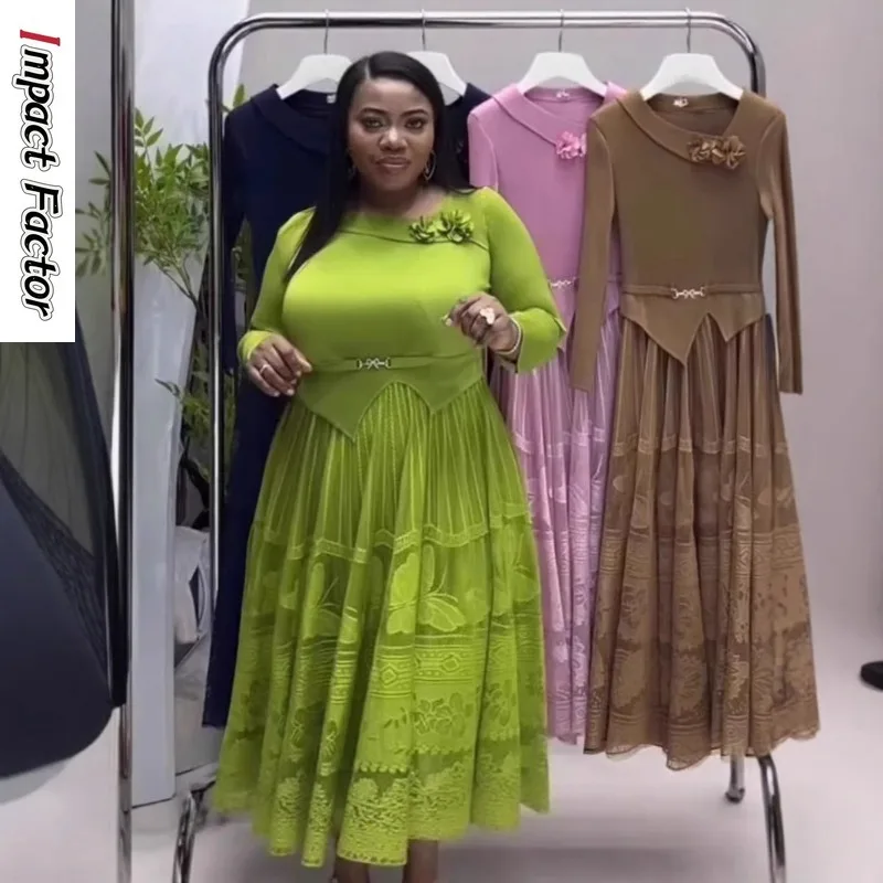 

Miyake Pleated Dress 2025 New Diagonal Collar Elegant Loose Solid Color Big Pendulum Pleated Skirt African Women's Clothing