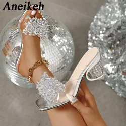 Aneikeh 2026 New Women's Water Diamond Flower Sandals with Transparent Thick Bottom Party Dress PVC Slippers Mules High Heels
