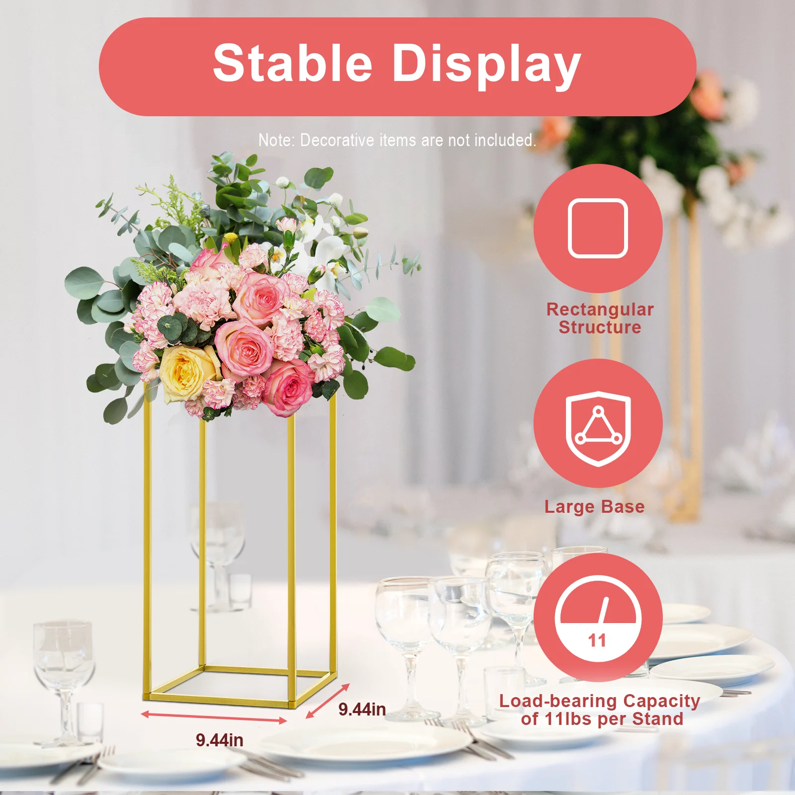 23inch/60cm 10Pcs Gold Flower Stand for Centerpieces Gold Vase Metal Column Stand Wedding Rectangular Frame Geometric Stand