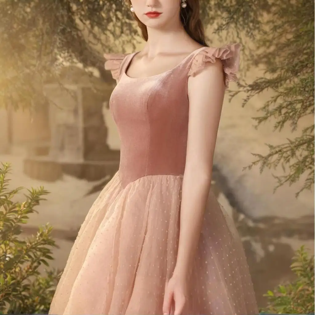 LAMYA Pink Velour Tea Length Evening Party Dresses Elegant SimpleProm Formal Dress Homecoming Gowns Customized vestidos de noche