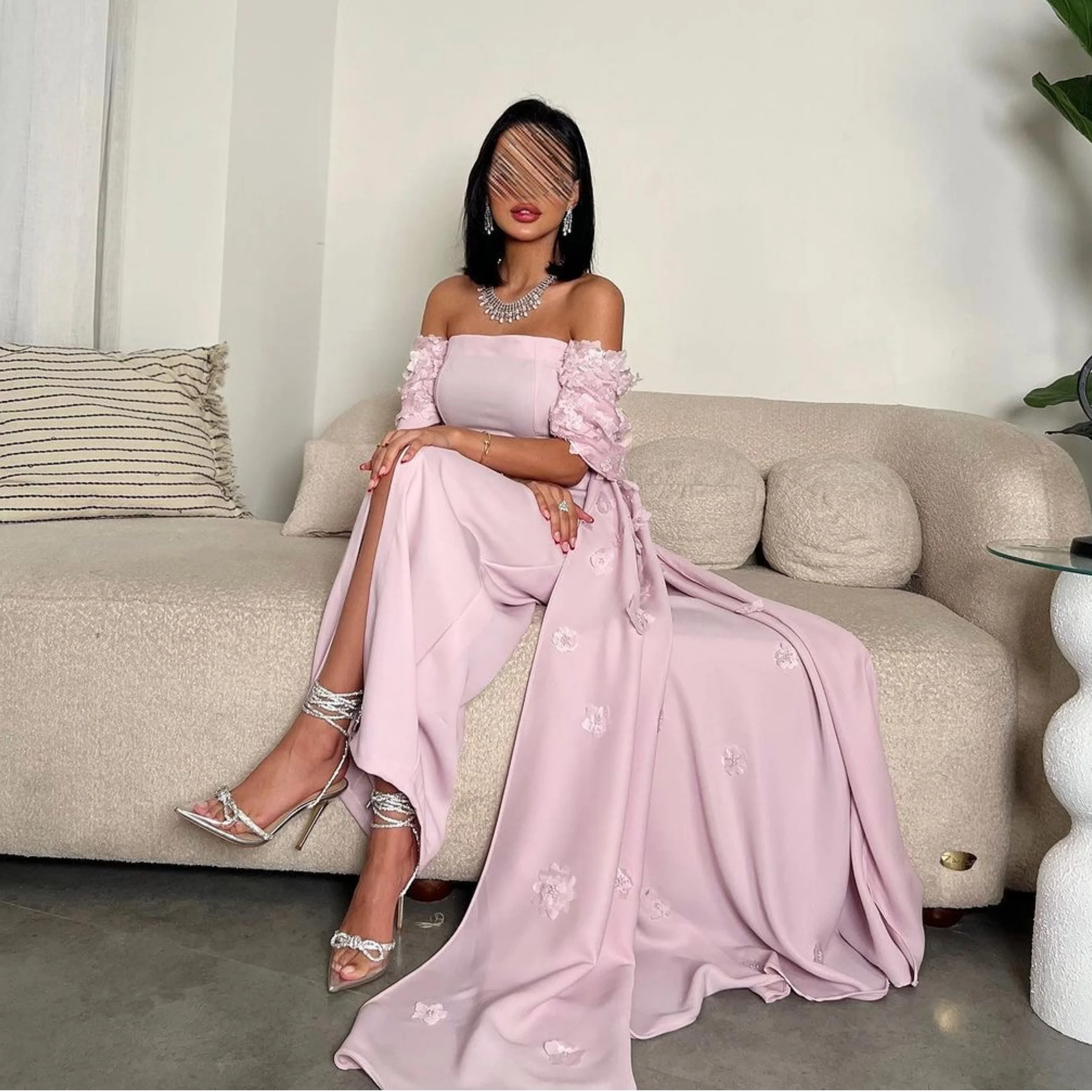 

Light Pink Prom Dress for Women Off Shoulder Mermaid Vestidos de Fiesta with Flowers Shawl New Prom Party Gowns Customized