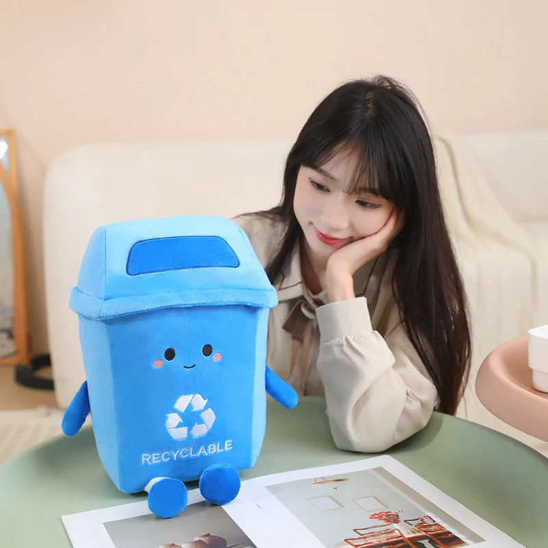 Cute Cartoon Recyclable Dustbin Plush Poys Plush Pillow Creative Blue Trash Cans Stuffed Toys Room Decoration Props Nice Gift