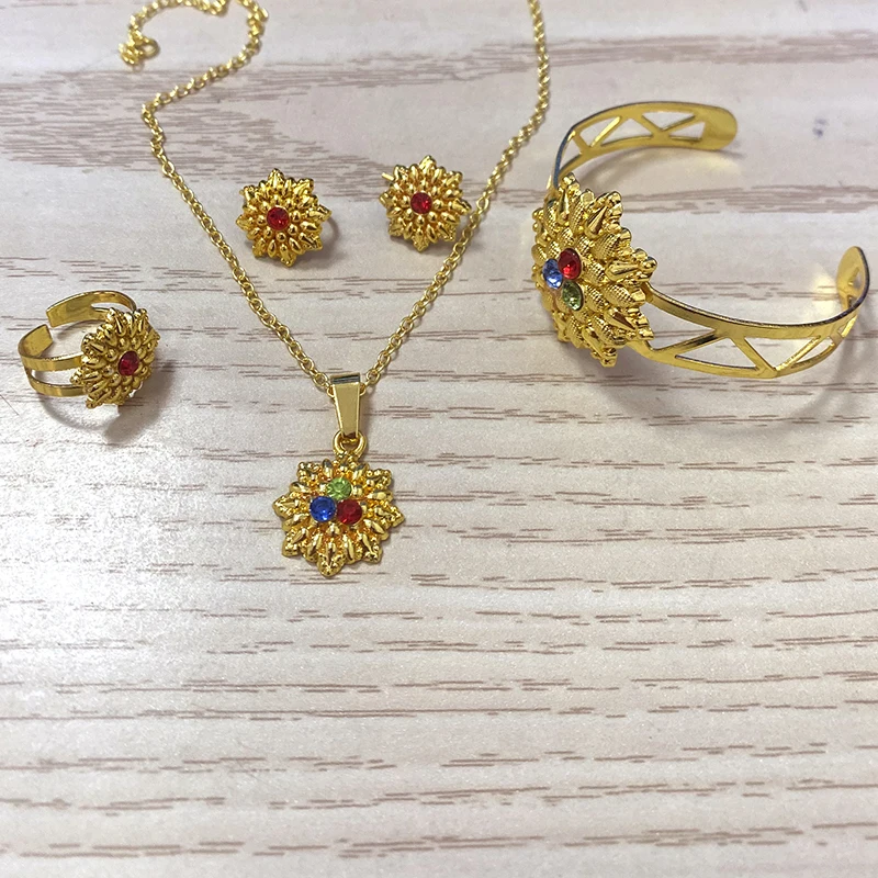 French Necklace African Gold Color Stone Kids Rings Earrings Sets Dubai Bangles for Baby Bridal Jewelry Girls Jewellery Arabic