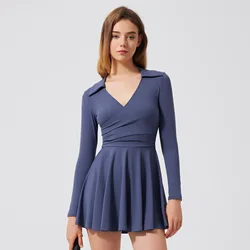 Women Tennis Dress Summer Solid Color 2 In 1 Gym Yoga Dress Breathable Quick Dry Running Skirt Workout Golf Clothes Sportswear
