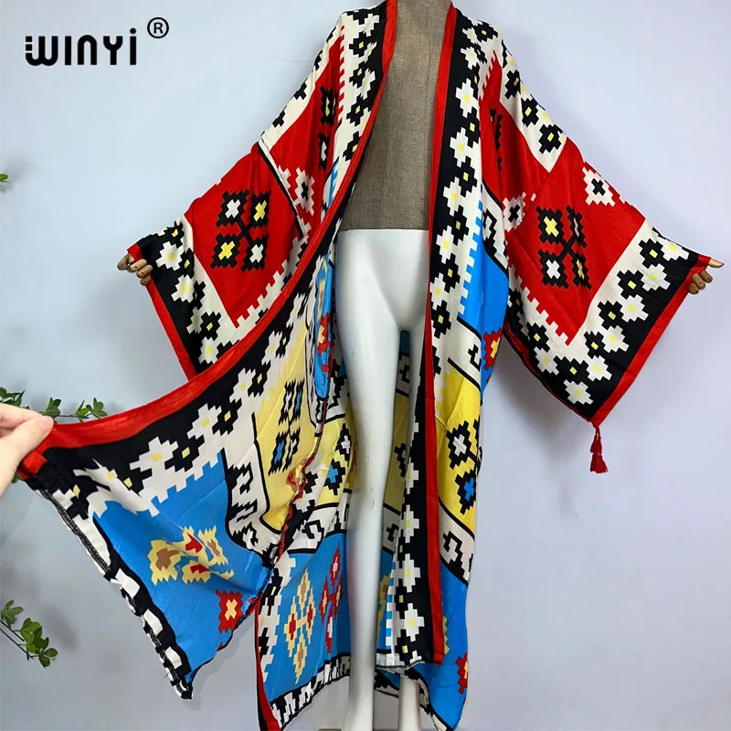 WINYI-Kimono largo de algodón con estampado bohemio para mujer, caftán playero, vestidos de baño, novedad de 2023