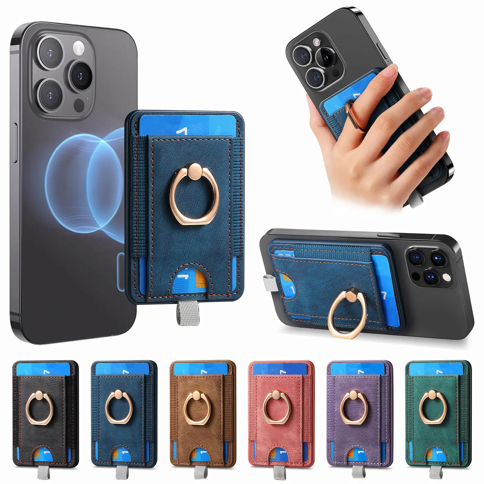 Elastische Leder-Geldbörse mit Kartenfach für iPhone 17 16 15 14 Pro Max S26 Ultra Ringständer Starker Magnetischer Mag-Safe Halter