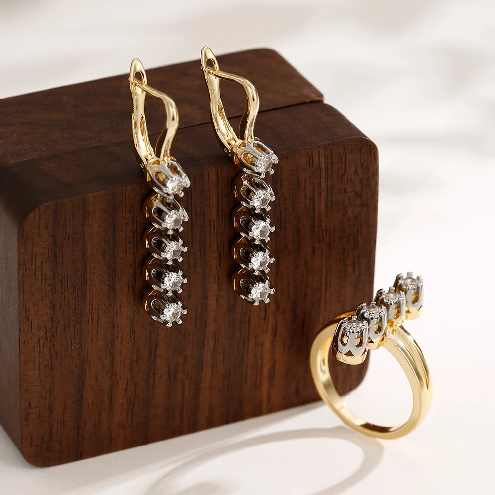 Linear row of zircon earrings and rings set, copper plated 14K gold fashion jewelry, versatile accessories for daily commuting