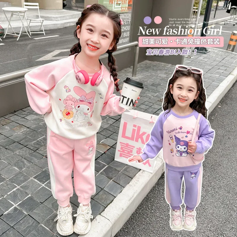 Kuromi อะนิเมะ Kawaii Sanrio INS พิมพ์เด็กเสื้อสเวตเตอร์ลำลองกางเกงชุดน่ารัก My Melody แฟชั่นเสื้อผ้ามีฮู้ดของขวัญของเล่น