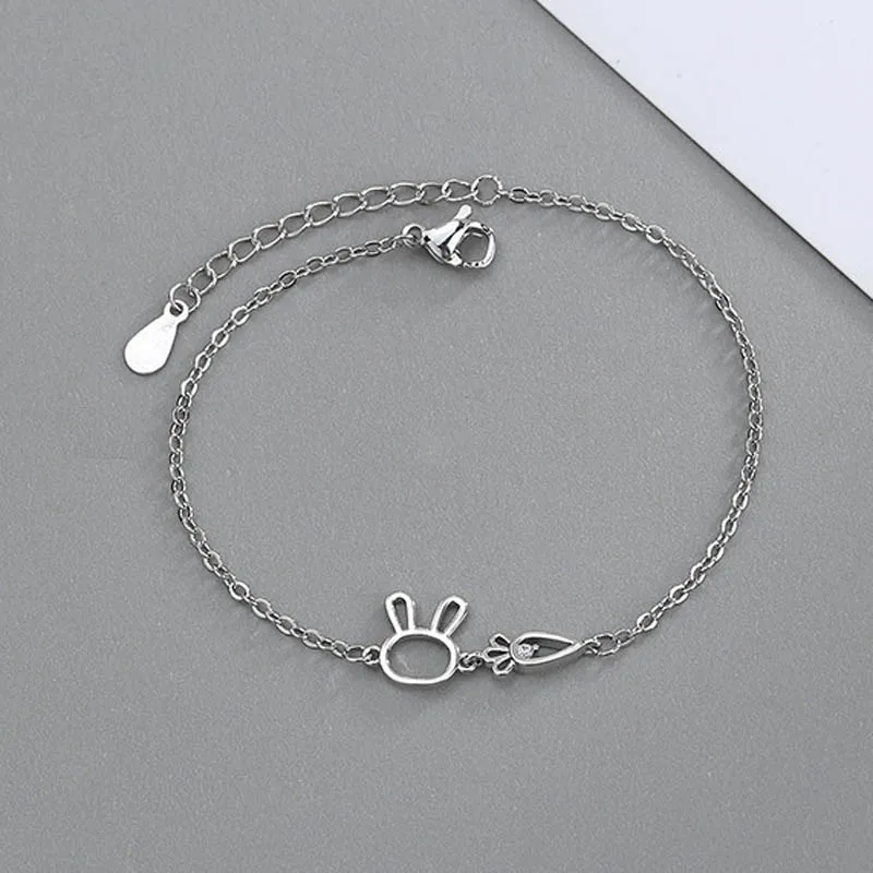 Openwork Rabbit and Carrot Bracelet Fashionable Women's Silver Plated Jewelry Gift for Girls Ladies 15-18cm
