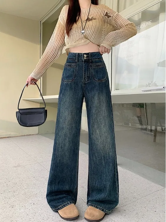 

plus Size High Waist Wide Leg American Vintage Washed Denim Jeans Women Summer New Straight Cut Floor Length Pants