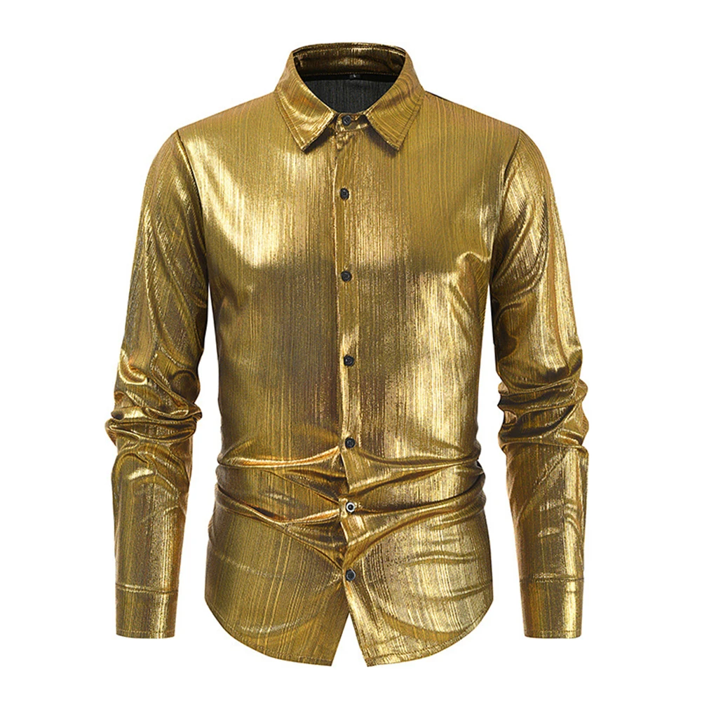 Man Clothes Shirt Full Sleeve Gold Fashion Glitter Shirt Long Sleeve Mens Dress Shirt Party Costume Stage For Man