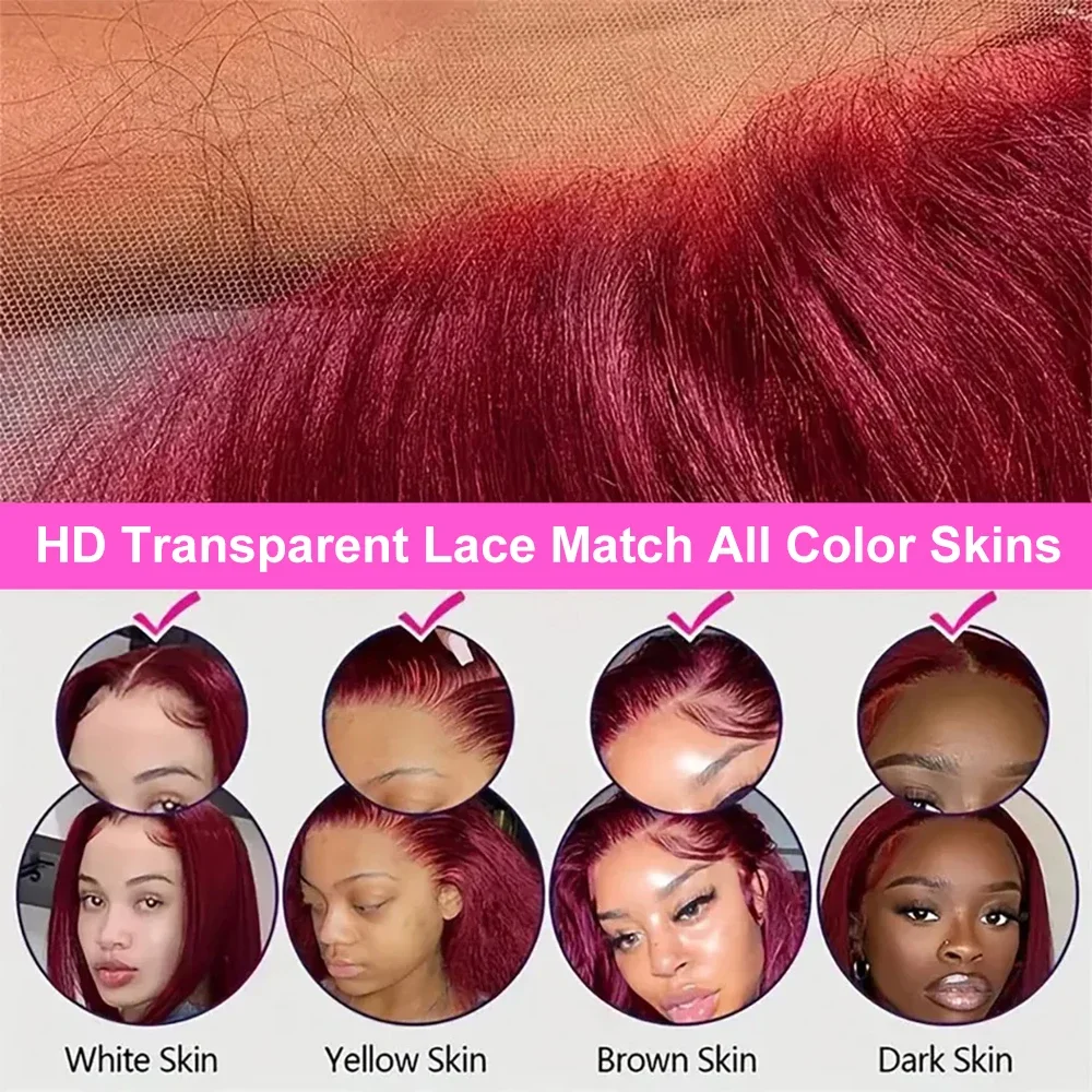 13x4 Glueless Wigs Human Hair Wear And Go 7x5 Pre plucked 99J Burgundy Red Wigs Straight Brazilian Wigs On Sale 250 Density