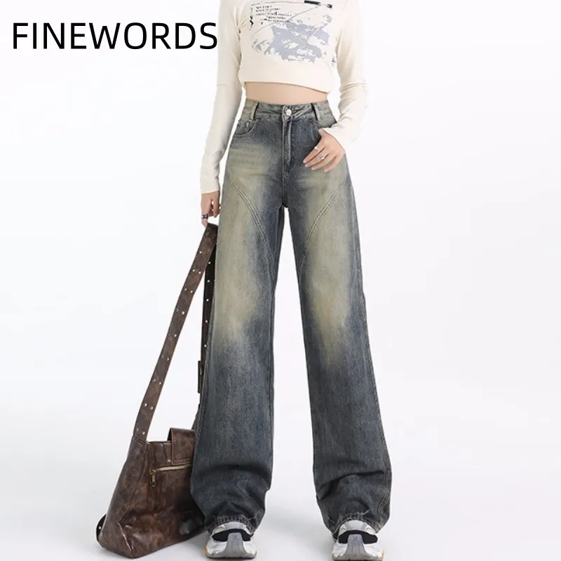 

FINEWORDS Fashion Casual Retro Washed Jeans Women Easymatch Loose Korean Jeans Streetwear Punk Y2K High Waist Jean