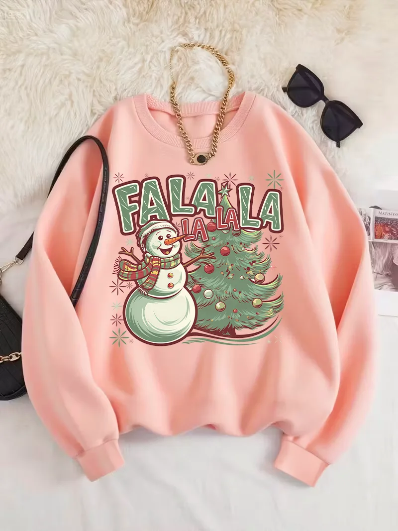 

This Autumn And Winter Casual And Cute Girl Snowman Cartoon Printed Pink Round-Neck Hoodie Is Suitable For Daily Outings
