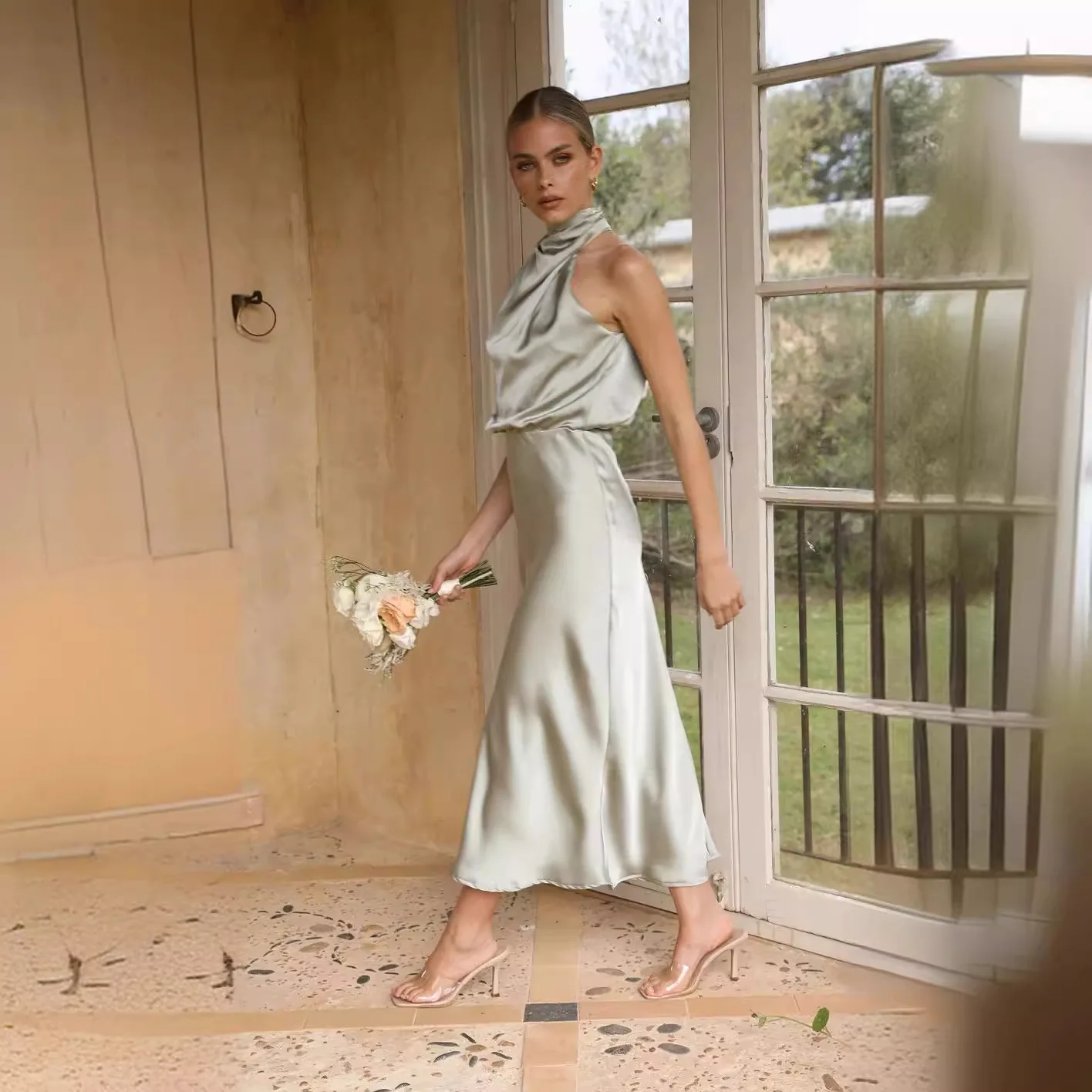 BWQ Abito lungo senza maniche in raso di seta estivo di fascia alta Moda donna Abiti eleganti da celebrità Abito da sera Abiti da festa da donna