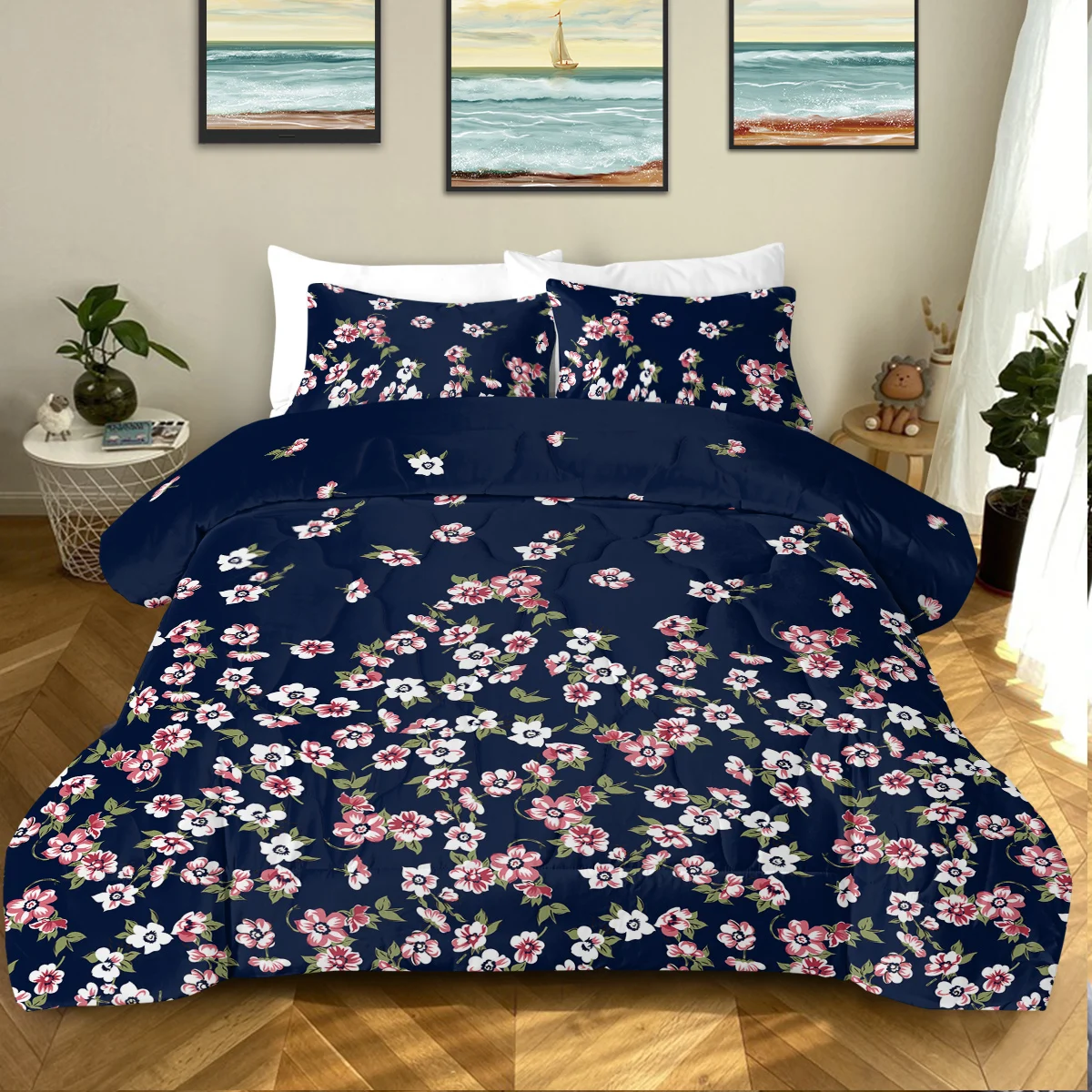 

3 Piece Small Pink and White Flowers Design Comforter Set Floral Quilt Set Suitable for All Seasons Home Decor