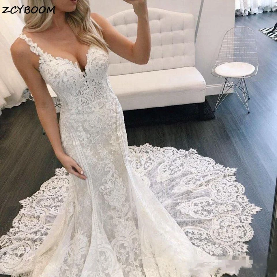 Customized 2025 Mermaid Wedding Dresses Elegent Appliques Lace Spaghetti Straps Backless Bridal Dress Formal Party Court Train