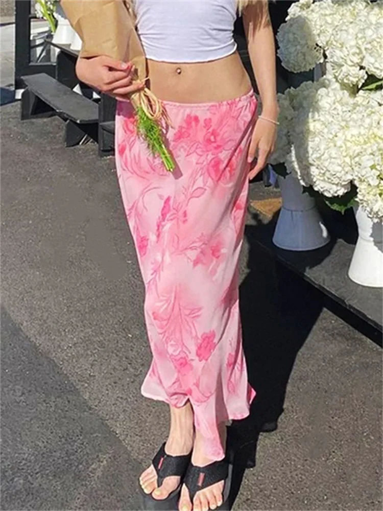 

Women Floral Long Skirts Low Waist Chiffon Flowy Straight Skirt Summer Fall Bohemian Casual Retro Skirts