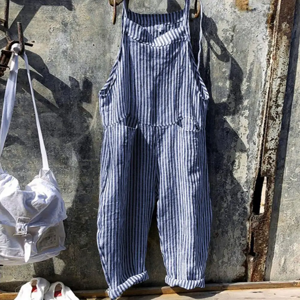 Summer Plaid Romper Striped Overall for Women Casual Sleeveless Jumpsuit Loose Long Suspender Overall Trousers Pockets Bib Pants