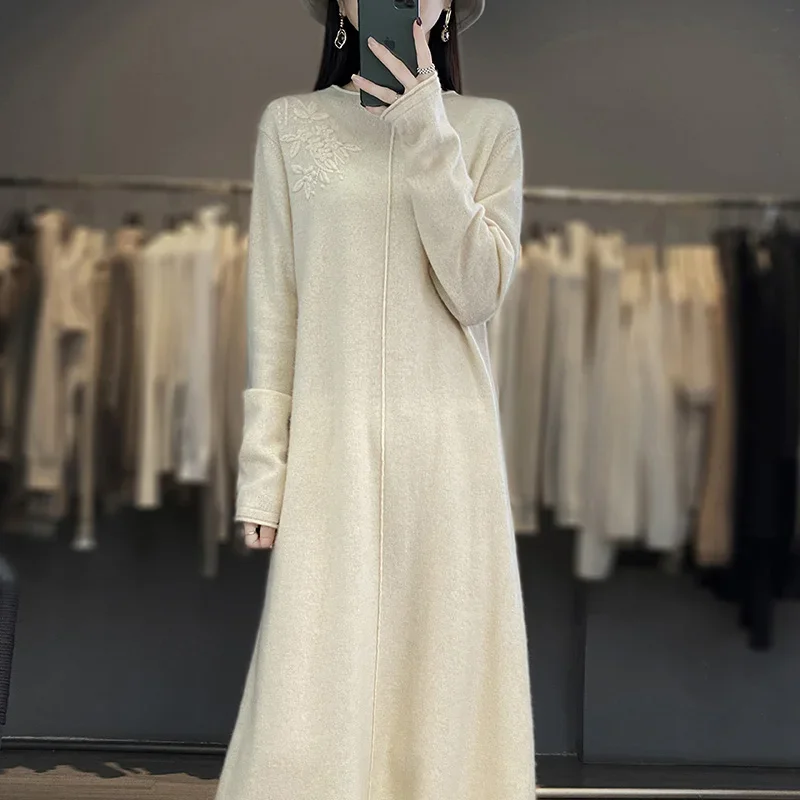 Women\'s Cashmere Sweater Dress Long Knee-Length Wool Long Skirt round Neck Embroidered Slim Knit Autumn Fashion