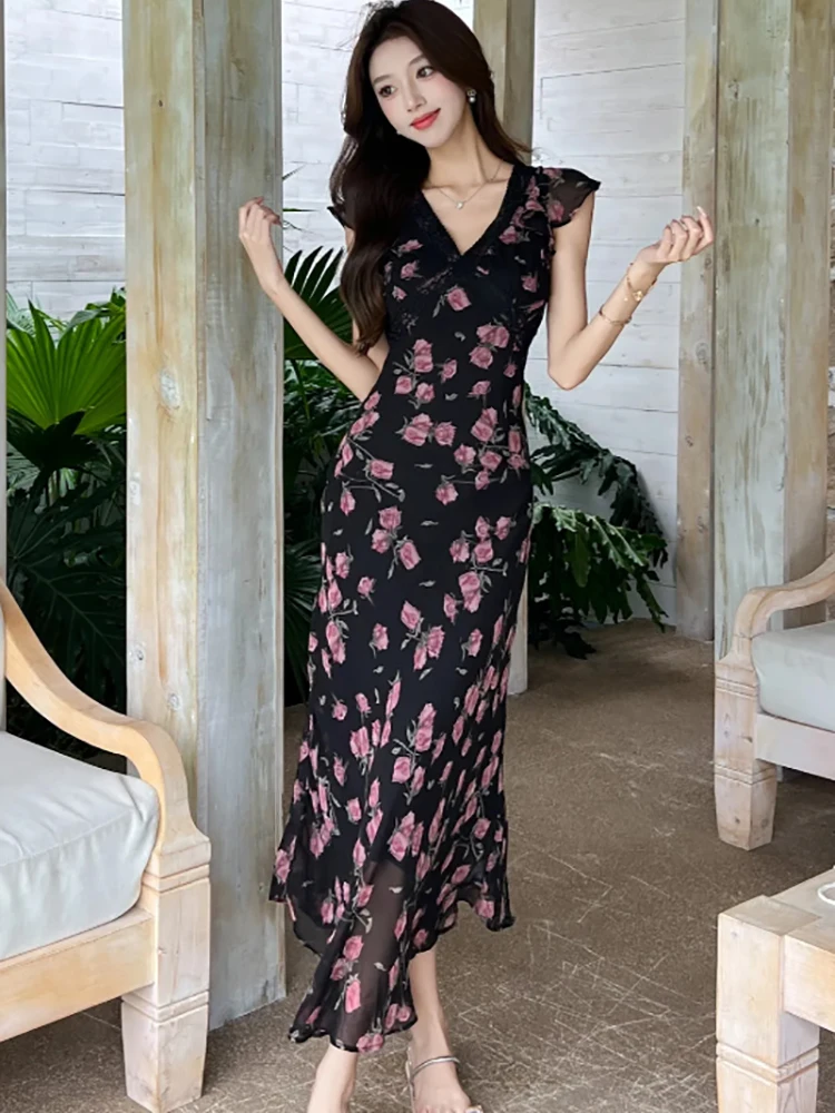 2025 สีดําชีฟองดอกไม้บินแขนเก๋ลูกไม้คอวีชุดผู้หญิงวินเทจB Odyconหรูหราชุดยาวฤดูร้อนชุดพรหมหรูหรา