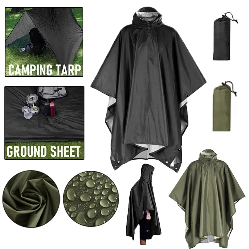 

Outdoor 3 In 1 Military Raincoat Hooded Sleeve Waterproof Rain Poncho Motorcycle Rain Cover Camping Hiking Travel Rainwear Tent