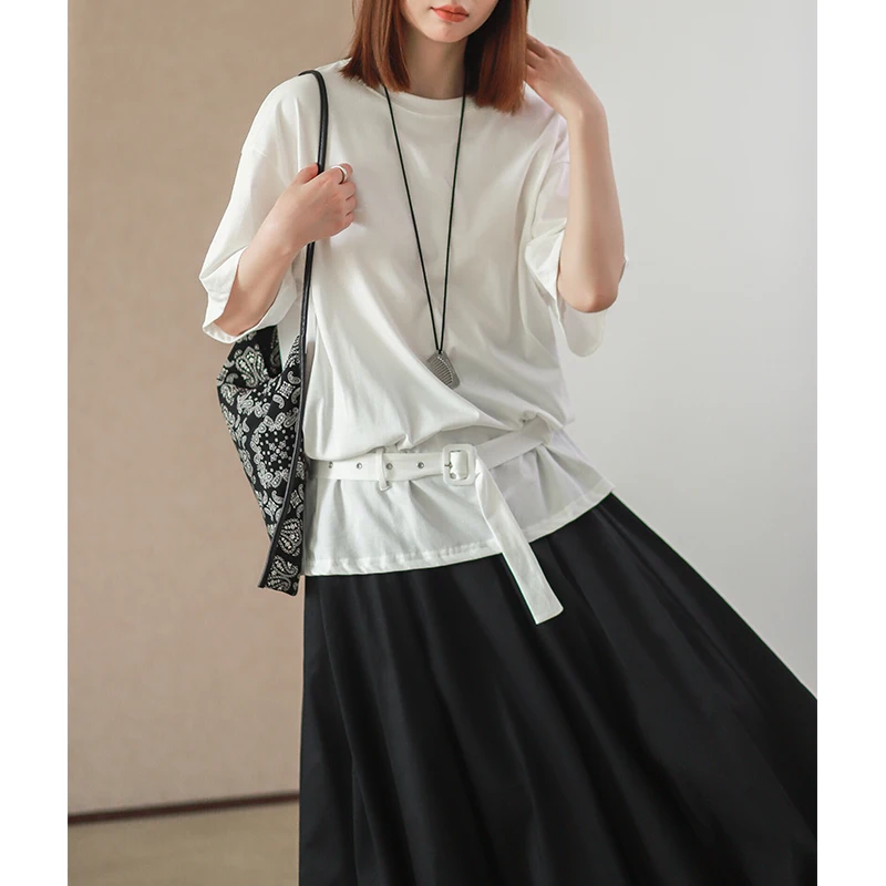 

Летний женский хлопковый топ Phil Dan Hong Kong: повседневный свободный топ с открытыми плечами, белый, средней длины, с поясом на талии