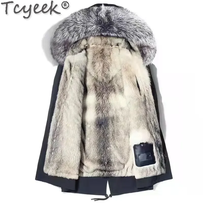 

Tcyeek Men's Sliver Fox Fur Collar Coat Winter Natural Wolf Fur Jacket Men Clothes Mid-length Real Fur Parka Menteau Homme Luxe