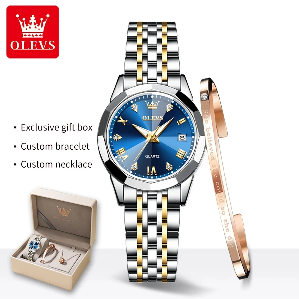 

OLEVS Quartz Watch for Women Solid Stainless Steel Strap Rhombus Design Elegant Ladies Wristwatch Bracelet Necklace Gift Box Set