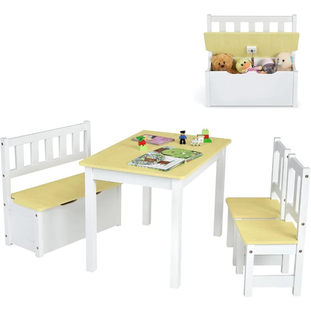 

Kids Table and Chair Set, Wood Activity Table with Toy Storage Bench & 2 Chairs for Children Reading, Arts, Crafts, Homework,