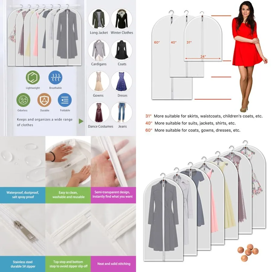 

Hanging Garment Bags 7 Pcs Set - 60 Inch Translucent Dust Proof Clothes Bag White Breathable Full Zipper Dust Cover for Suit Da