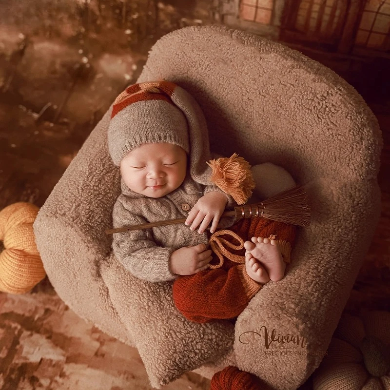 Newborn Photography Props Halloween Backdrop Handmade Knitted Clothing with Pumpkins Decors Accessories for Studio Photoshoot