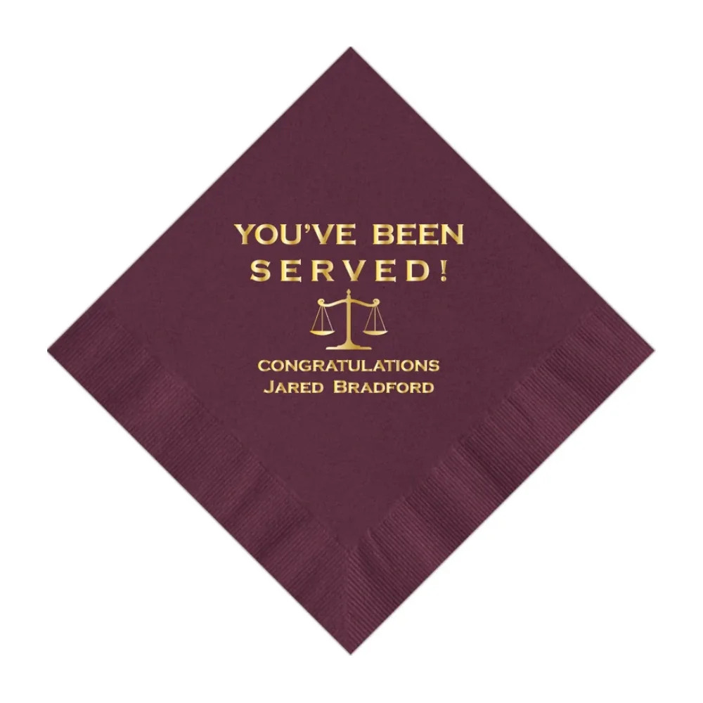 50Pcs Personalized Napkins Law Lawyer School Graduation You've Been Served Printed Beverage Cocktail Luncheon Dinner Guest Towel