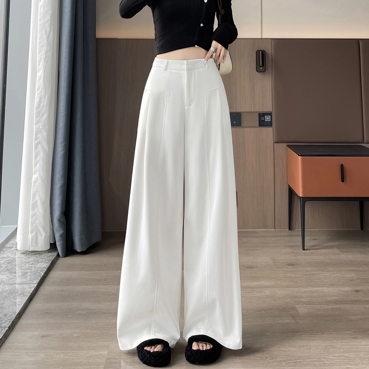 

Брюки с высокой талией, женские эластичные джинсовые брюки темно-синего цвета, широкие брюки, удобный крой, прямой низ, осенние повседневные брюки