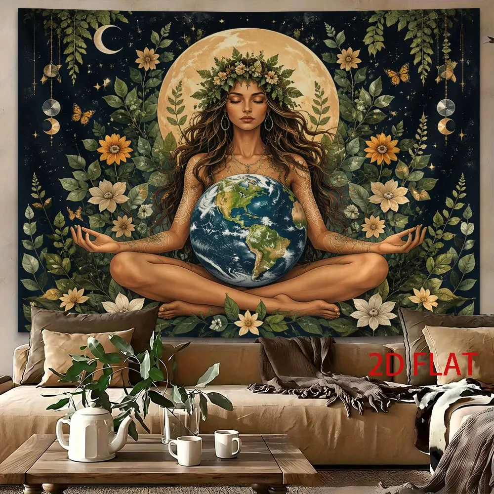 Gaia Goddess Tapestry, Mother Earth Meditation Full Moon Plants Butterfly, Spiritual Bohemian Print Wall Hanging for Living Room