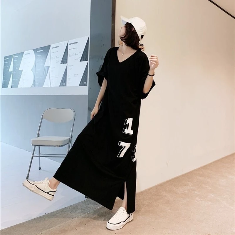 Trendy Oversized Woman Tshirts Korean Loose T-shirt V Neck Dress Print Numbers 1973 Half-sleeved Large Long Summer Dress Girl