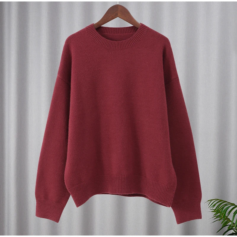 Women Solid Color Round Neck Knitted Sweater Winter Fashion Vintage Red Warm Pullover Soft Long Sleeve Commuting Jumpers 2024