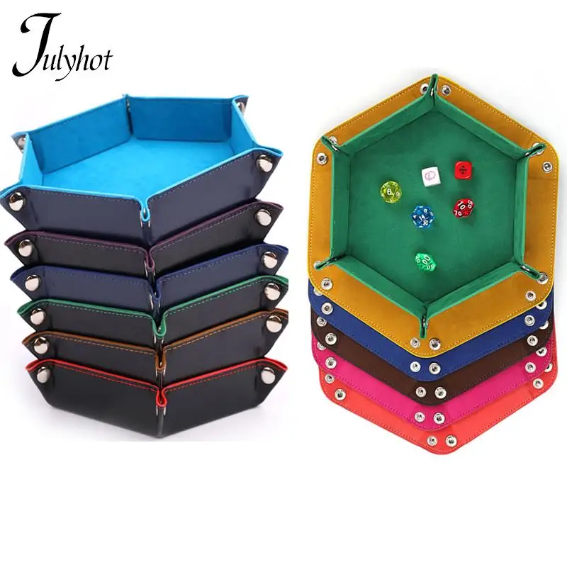 Foldable Dice Tray Box PU Leather Folding Hexagon Key Storage Coin Square Tray Dice Game for RPG/DnD Table Board Games