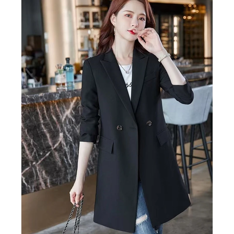 Women Long Blazers Spring Autumn 2023 Korean Office Lady Graceful Solid Suit Jackets Fashion Joker Overcoat New Workwear Female