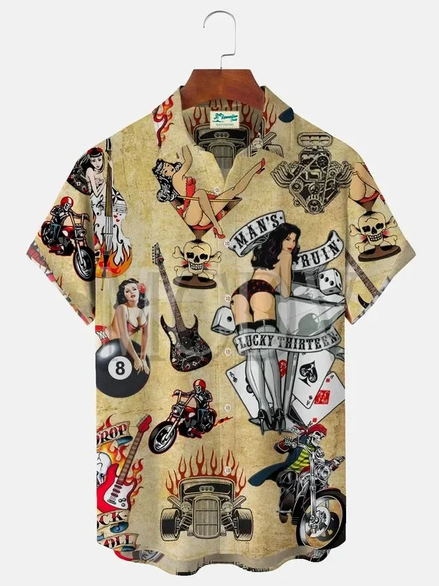 

Royaura Vintage Skull Pins Up Girl Rockabilly Flame Dice Printed Hawaiian Oversized Aloha Wrinkle-Free Shirt Summer Tops