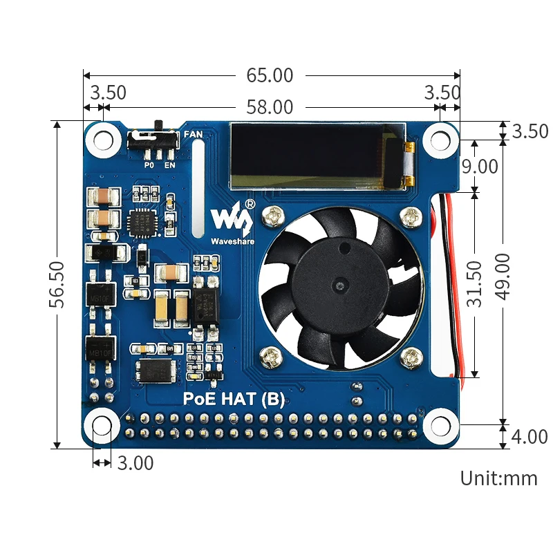 Raspberry Pi Power Over Ethernet Placa de expansión PoE HAT 802.3af con ventilador de refrigeración temperatura OLED para Raspberry Pi 3B + 4B