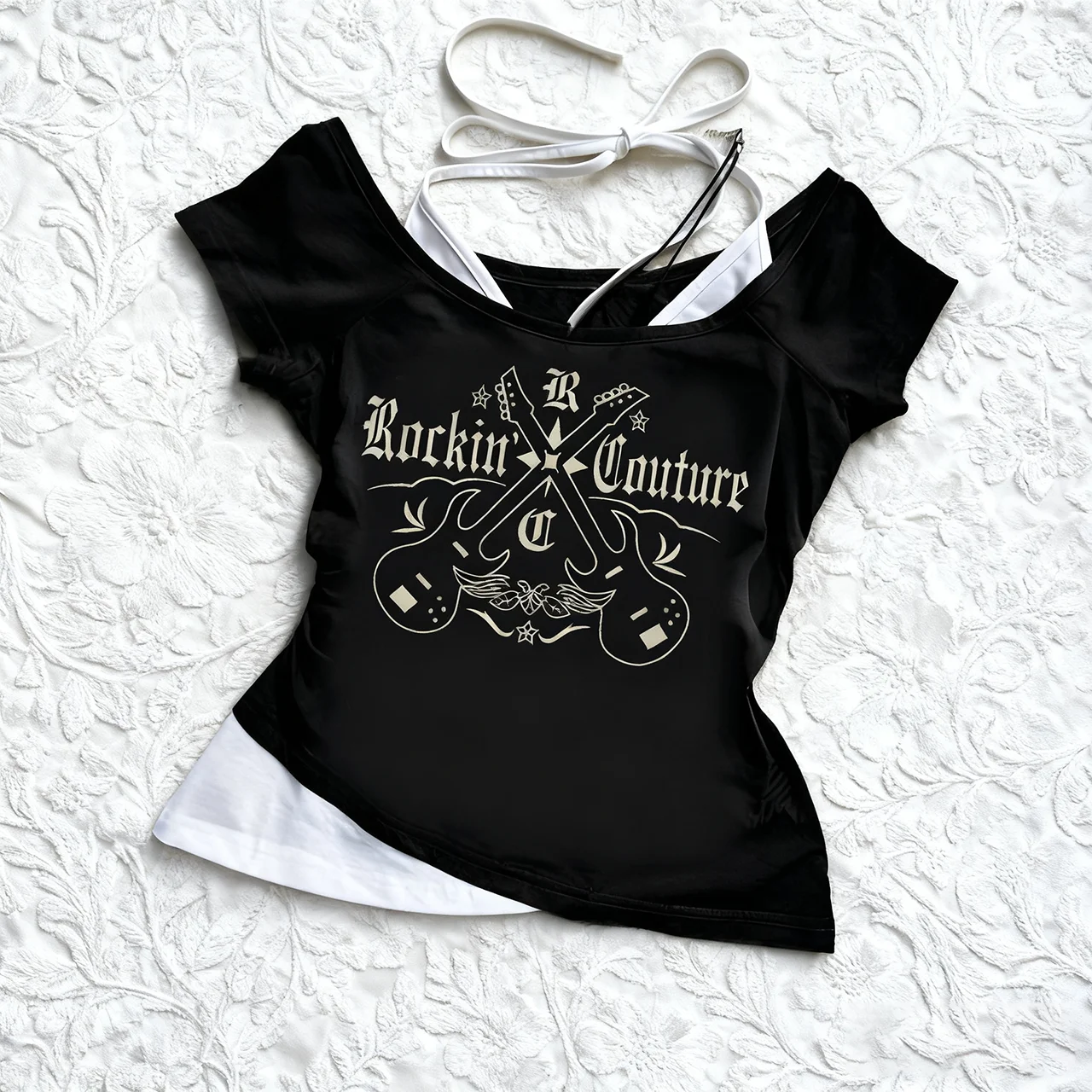 المرأة Y2K سليم صالح طباعة خارج الكتف المحملة قصيرة الأكمام الرسن الدانتيل متابعة أعلى خمر النمط الأمريكي قطعتين وهمية