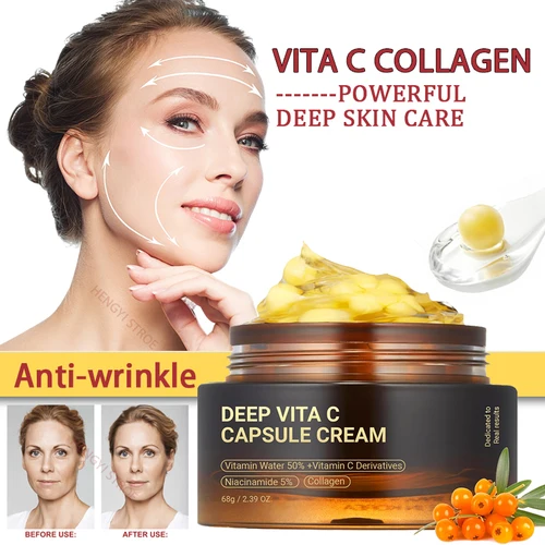Crema cápsula antiarrugas Vita C, Gel antienvejecimiento de colágeno para la cara, reafirmante, reparación de líneas de decoloración, productos coreanos para el cuidado de la piel, 2,39 oz