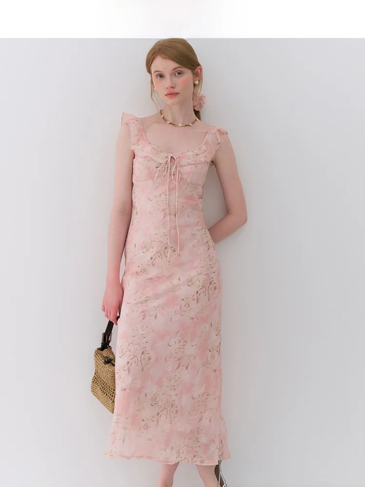 

Floral Print Slimming Waist Dress Women's Summer 2026 New Style Jiujiu Wooden Bowed Long Dress French Style A-Line Skirt