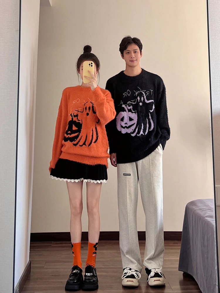 

Наряд для пары на Хэллоуин, комплект вязаного свитера цвета тыквы, высококачественный комплект для всего тела, осень-зима, Новое поступление, повседневная Америка...